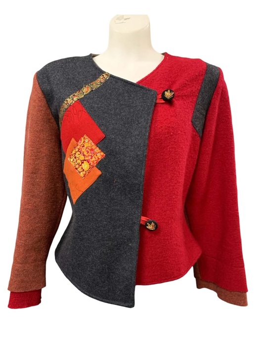 Jackets & Blazers - Arlatine Creations Colorblock Wool-Blend Jacket in Red, Charcoal & Brown Size L